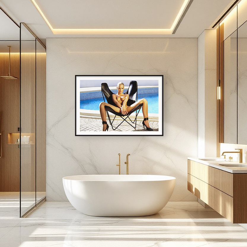 Art in bathroom of elegant woman in butterfly chair, exuding elegance with long legs in black heels set against a luxurious pool backdrop.