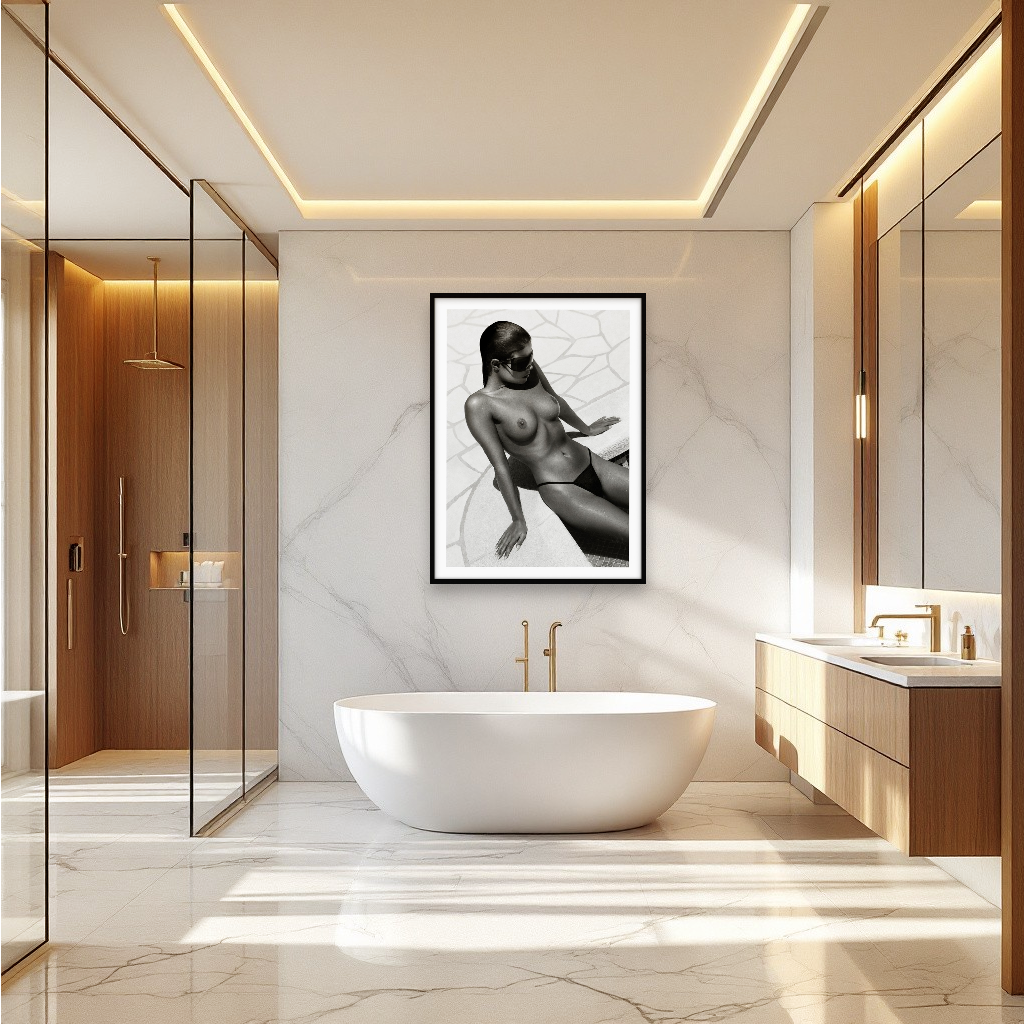 Luxury model with oversized sunglasses by the pool, exuding chic Playboy-style elegance in timeless B/W framed bathroom wall art.