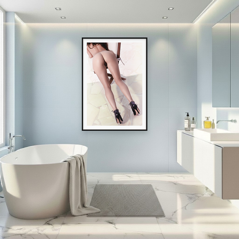 Interior with artwork of a sensual woman in Playboy style, in a striking close-up with warm pastel tones and a beautiful diagonal line.
