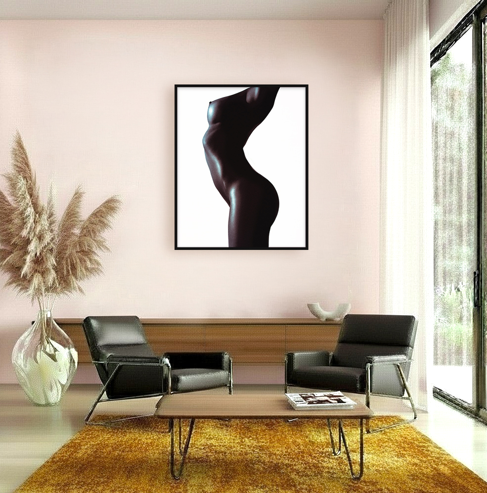 Interior with artwork of shiny black female torso in S-shape pose, showing sculptural beauty and elegance in white background.