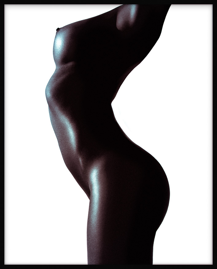 Shiny black female torso in S-shape pose, glowing with bluish light, showing sculptural beauty and elegance against a white background.