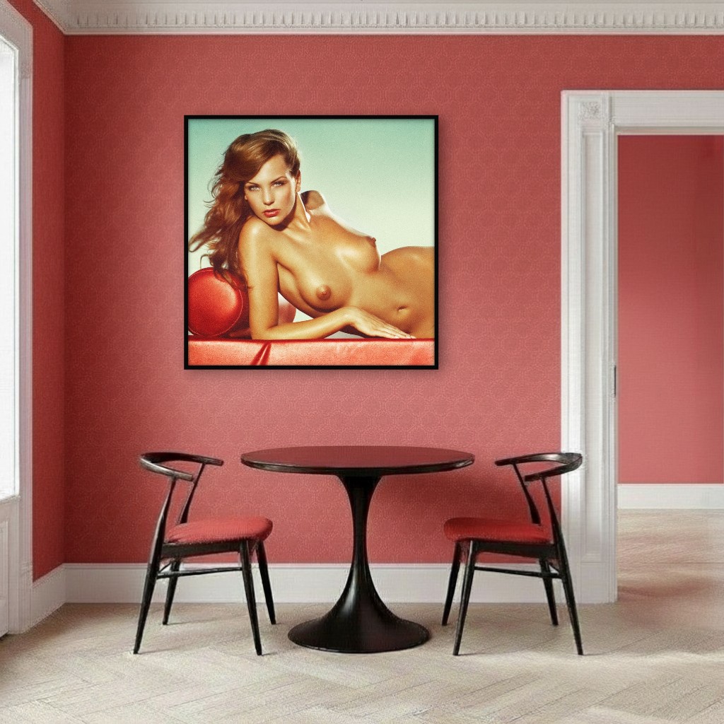 Artwork in an interior capturing a provocative woman on a lounger in a vintage Polaroid-style exuding mystery, eroticism and intrigue.