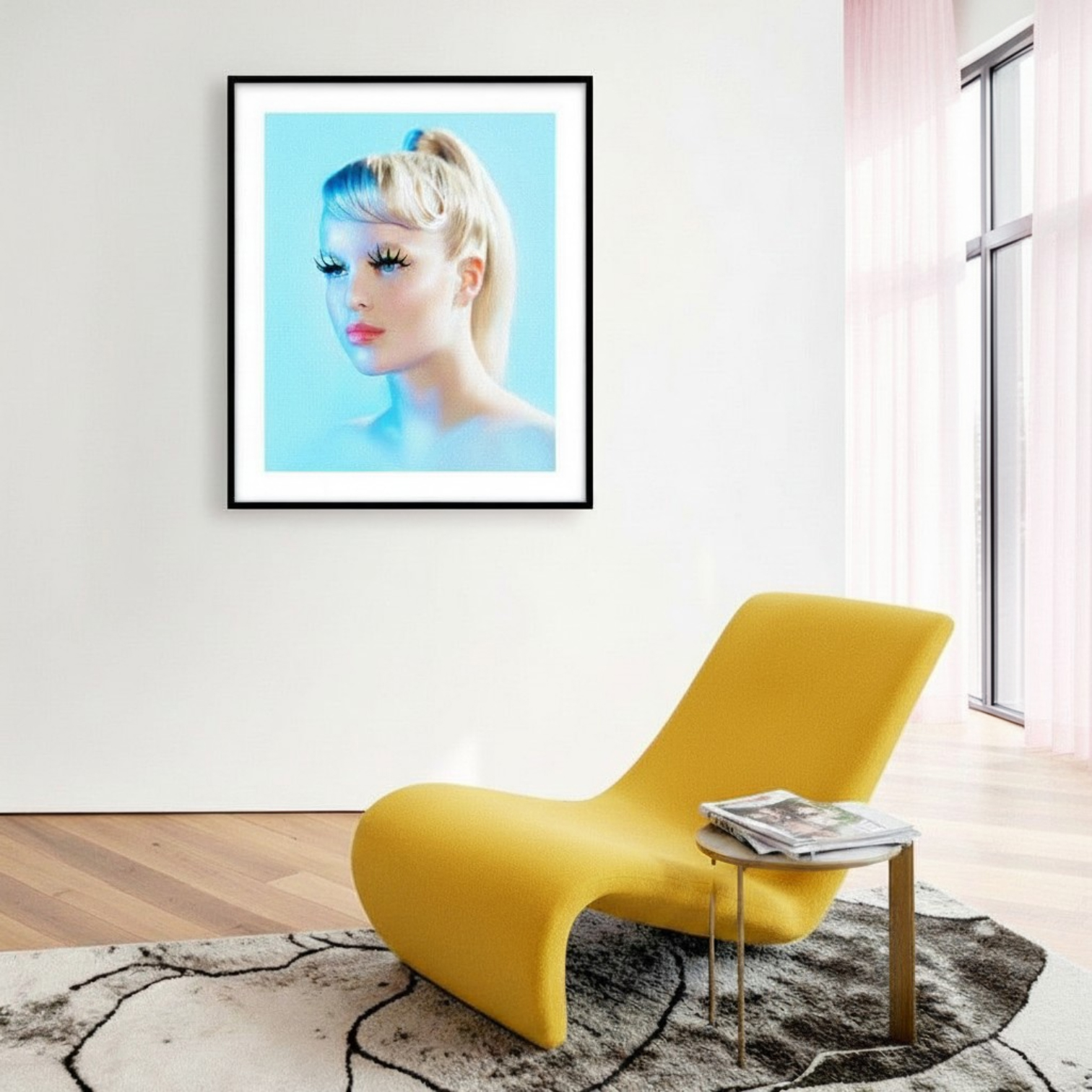 Interior with Barbie Blue pastel blue portrait, combining beauty, fashion and contemporary art in a dreamy and captivating composition.