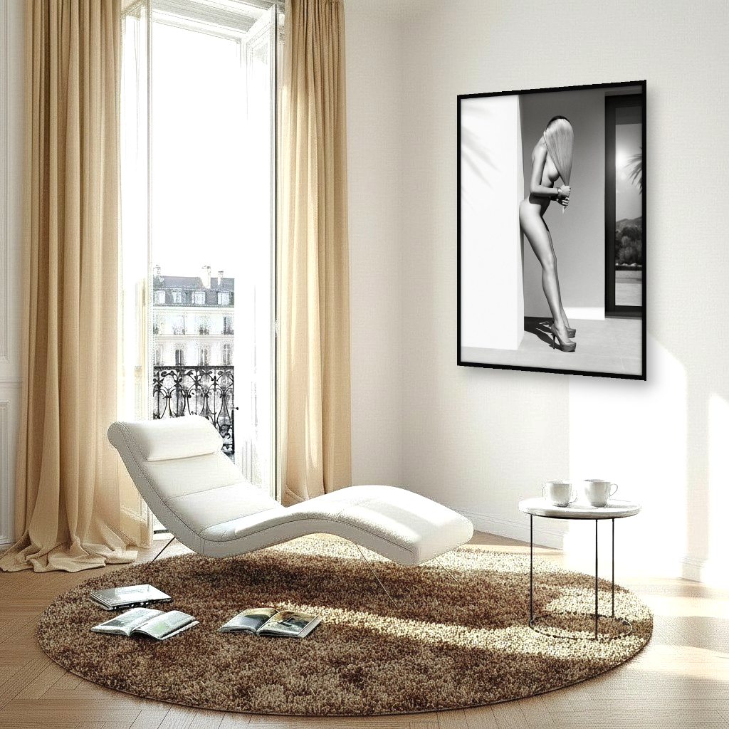 Playboy style model by sunny villa in B&W, framed wall art in stylish interior, featuring long legs, flowing hair and elegant fashion.