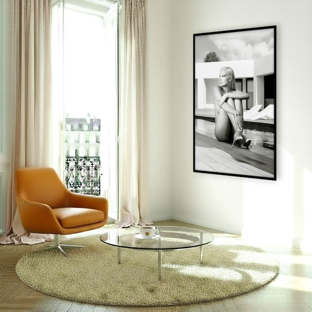 Interior with striking B&W artwork with a graceful woman by a luxury villa pool, evoking elegance and sophistication in Playboy style.