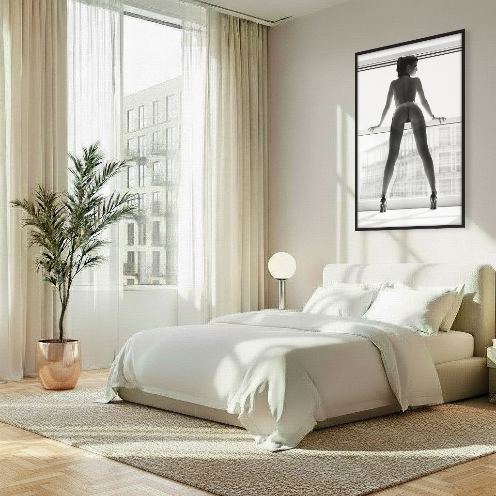 Modern B&W photography of a powerful nude female in heels and jewelry, exploring control and sensuality in an architectural setting.