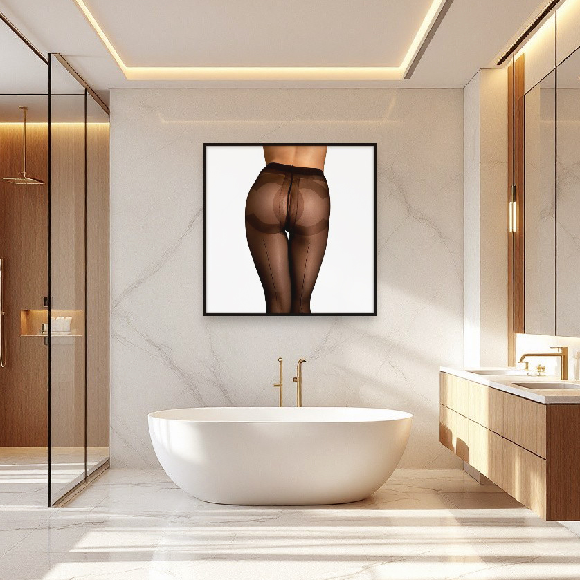 Playful bathroom wall art featuring chic black tights with CC logo, elegant curves and a stylish, humorous photographic touch.