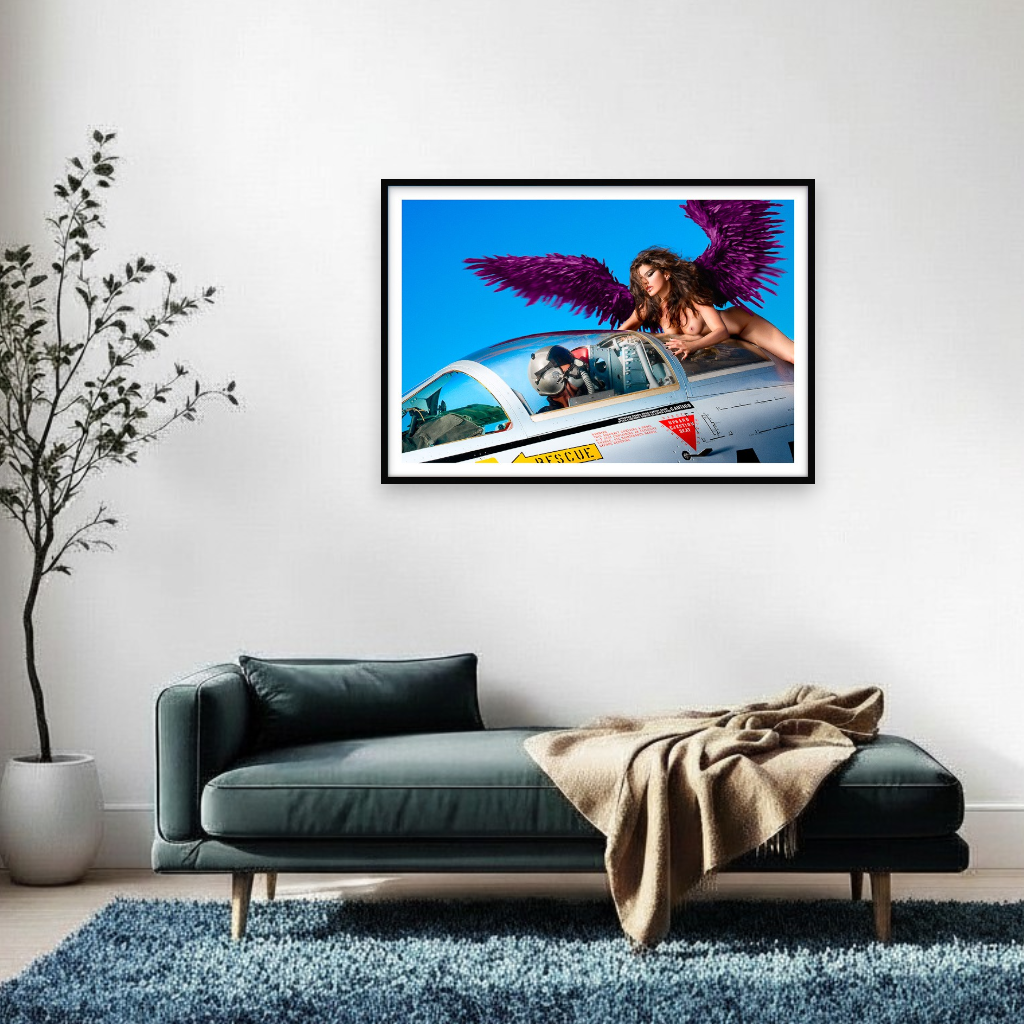 Interior with artwork of Flying Starfighter Jet with Angel, surreal scene with pilot and purple-winged angel against a deep blue sky.