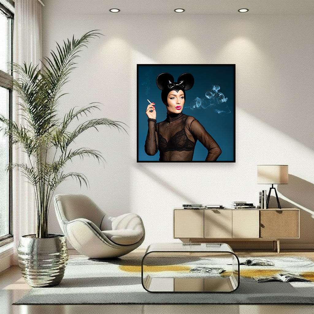 High fashion Minnie Mouse smoke art in room: stylish woman in Minnie Mouse headgear exhales Mickey-shaped smoke, in a whimsical twist.