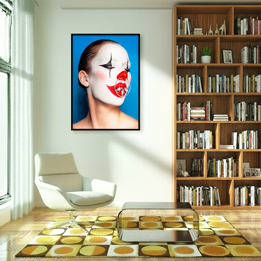 Interior with art of female surreal clown portrait with Pierrots balancing on a silver nose ring—mysterious, dreamlike, theatrical.