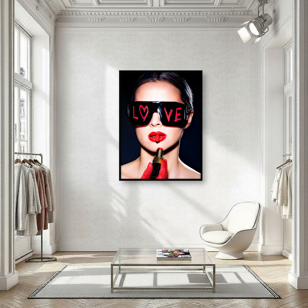 Bold girl artwork in modern interior, featuring black sunglasses, “LOVE” lipstick, broken red lipstick and confident vibe.
