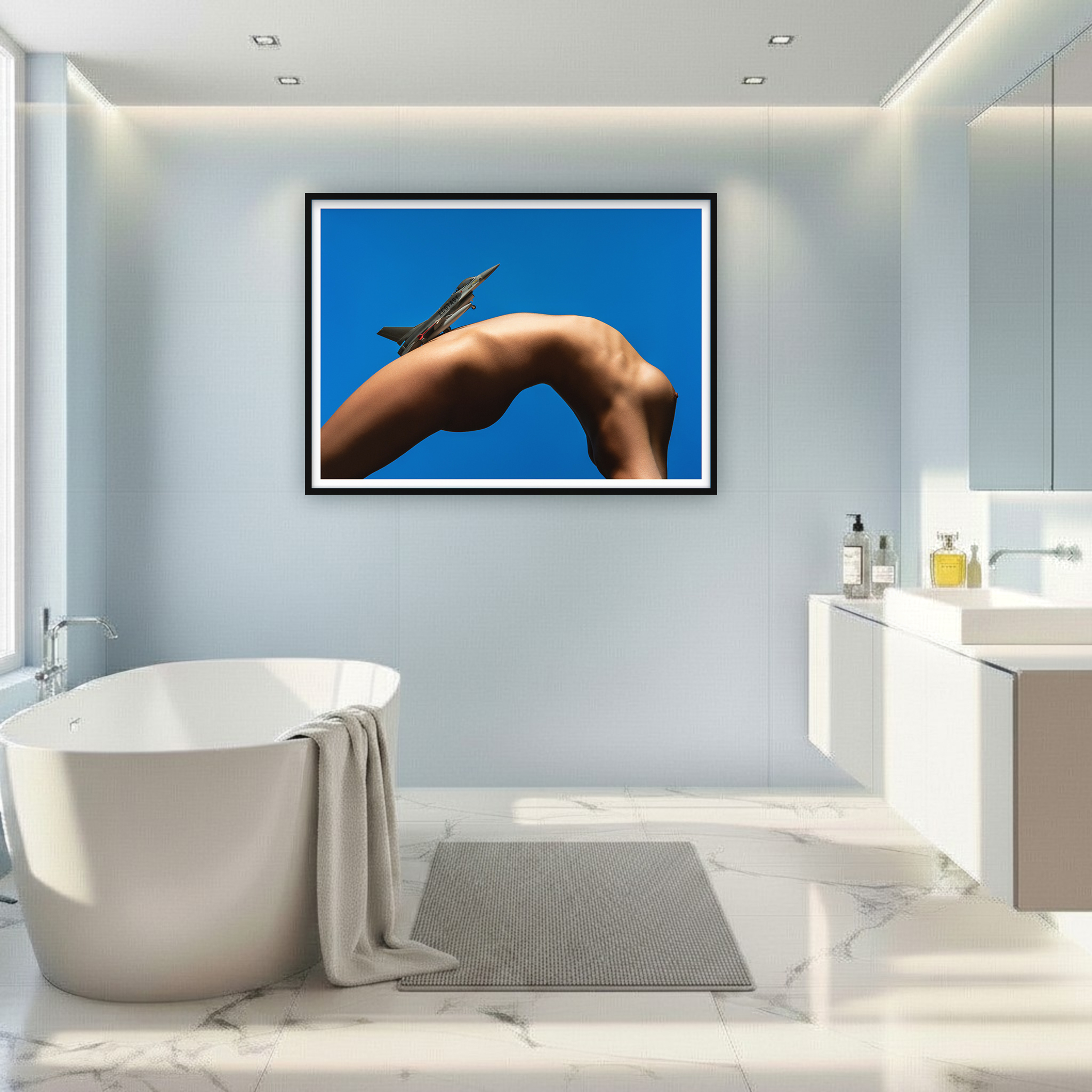 Bathroom with art of ecstasy Starfighter on female torso symbolizing power, freedom and rebellion in bold erotica and dynamic energy.