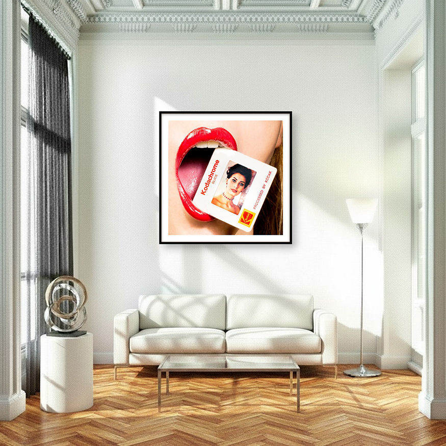 Interior with Sophia Loren Kodachrome artwork of a stylish woman with red lips holding a photo of the iconic actress between her teeth.