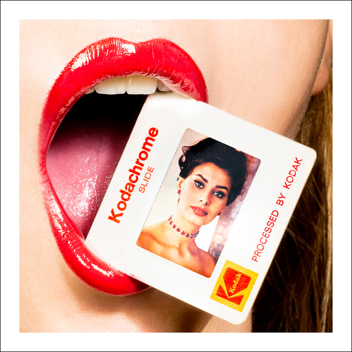 Sophia Loren Kodachrome artwork of a stylish woman with red lips holding a photo of the iconic actress gently between her teeth.