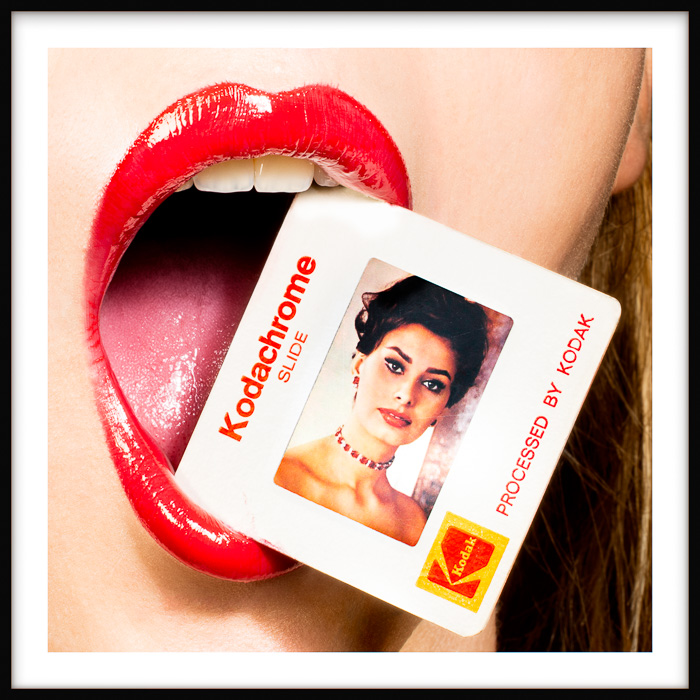 Sophia Loren Kodachrome artwork of a stylish woman with red lips holding a photo of the iconic actress gently between her teeth.