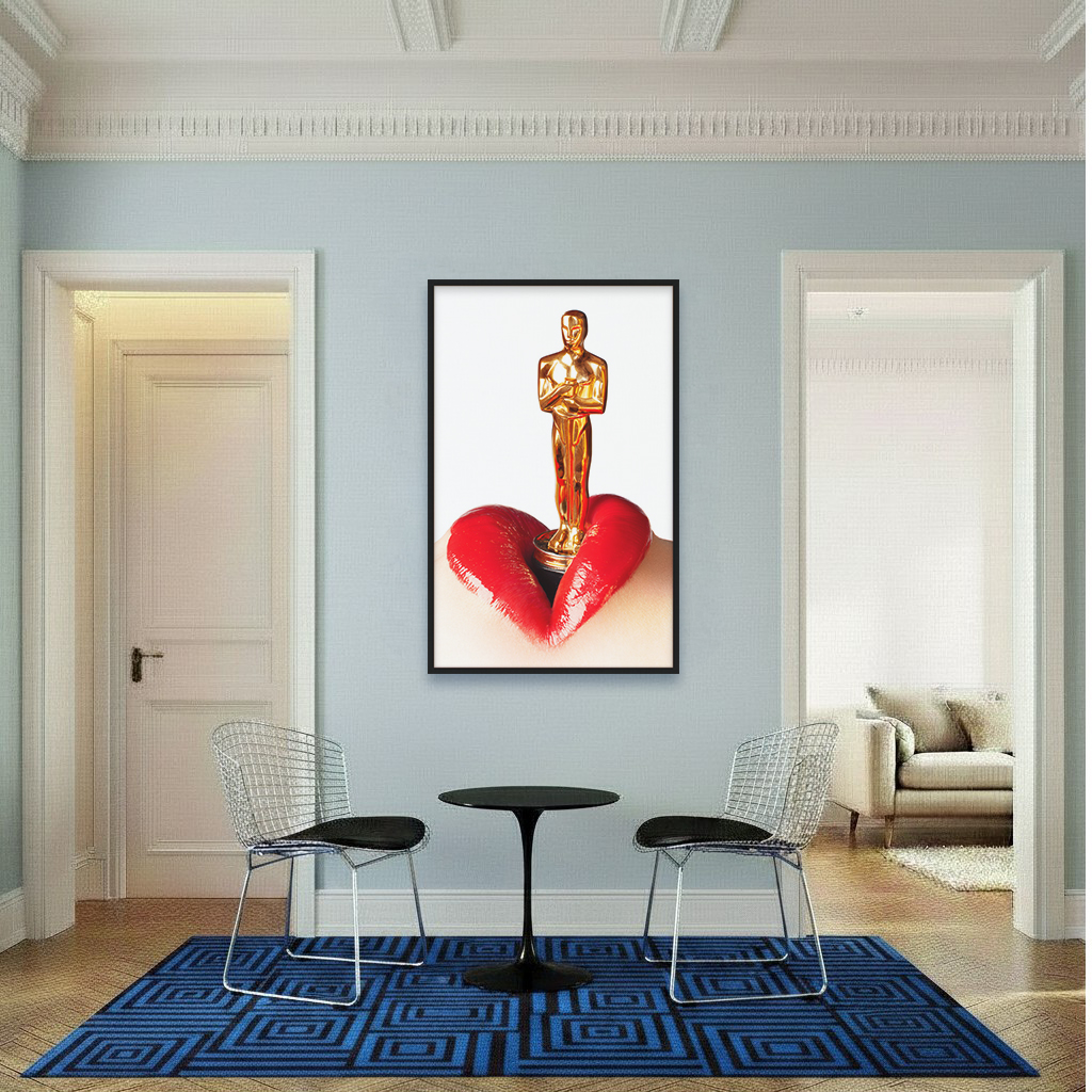 Interior art of heart-shaped lips with Oscar statuette in gold between, blending erotica and desire in a twist on Hollywood stardom.