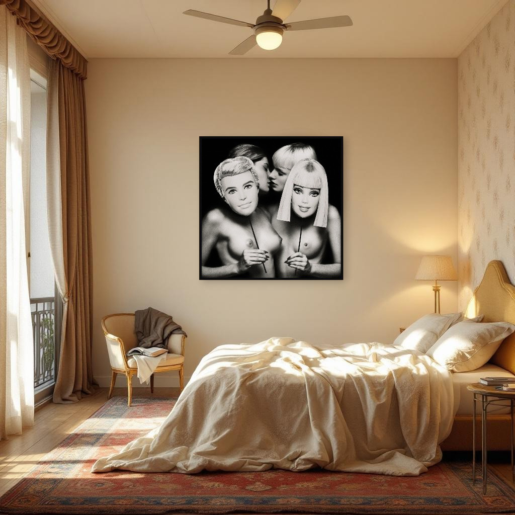 B&W artwork of 2 women partly hidden behind Barbie and Ken masks leaning in to kiss, displayed in an interior, sensual mysterious mood.