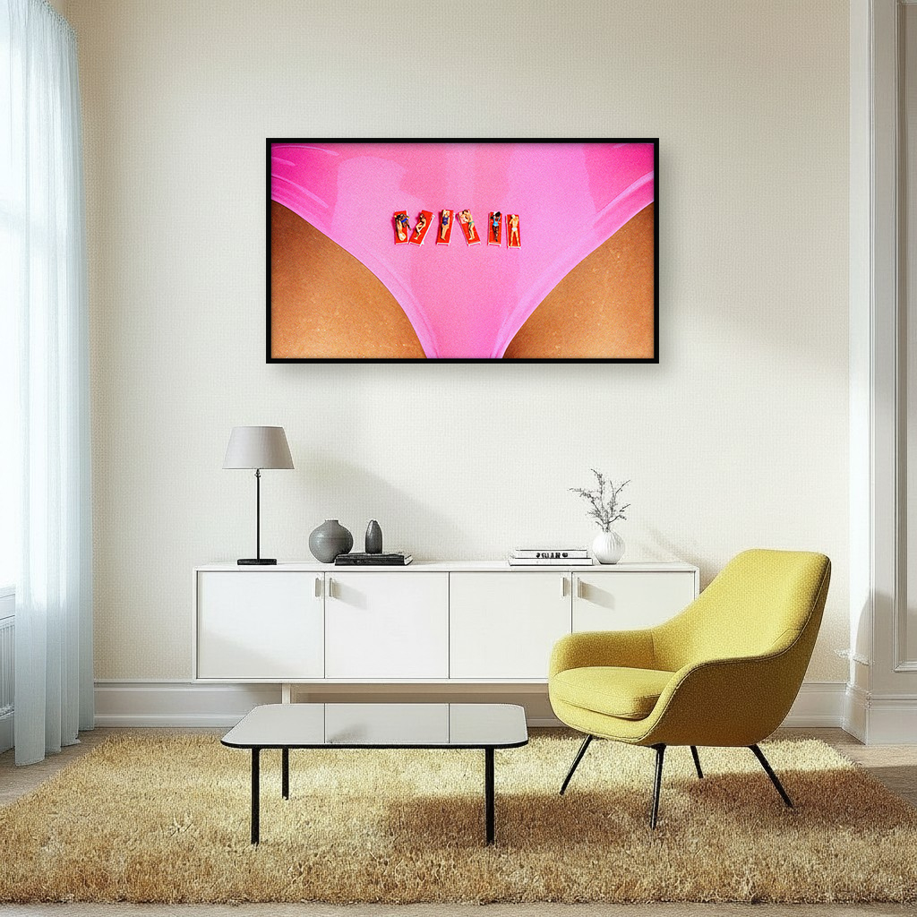 Interior with artwork of a miniature beach scene on a bikini, playfully blurring the fragile boundaries between fantasy and reality.