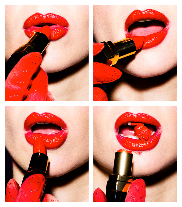 Beauty and impermanence: a red-gloved hand retouching lips with red lipstick, capturing a bold lipstick transformation as it breaks.