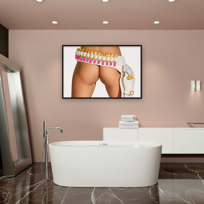 Framed wall art of Western grit and luxury, with pink Chanel lipstick ammo in glam gun belt—bold, pop-art chic and femme fatale power.
