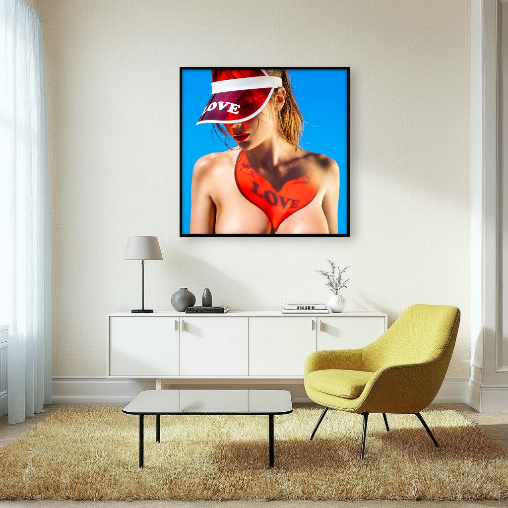 Vibrant red love heart projection on skin through red visor, radiant Miami sunlight creating sensual, summer vibes with golden glow.