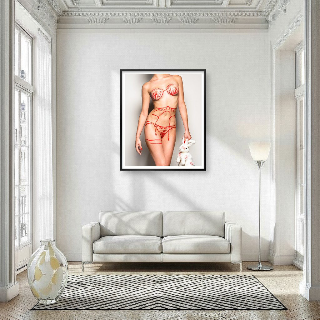 Artwork in interior of bold woman in red lipstick lingerie, with plush rabbit, embodying empowerment and sensuality in a catwalk pose.