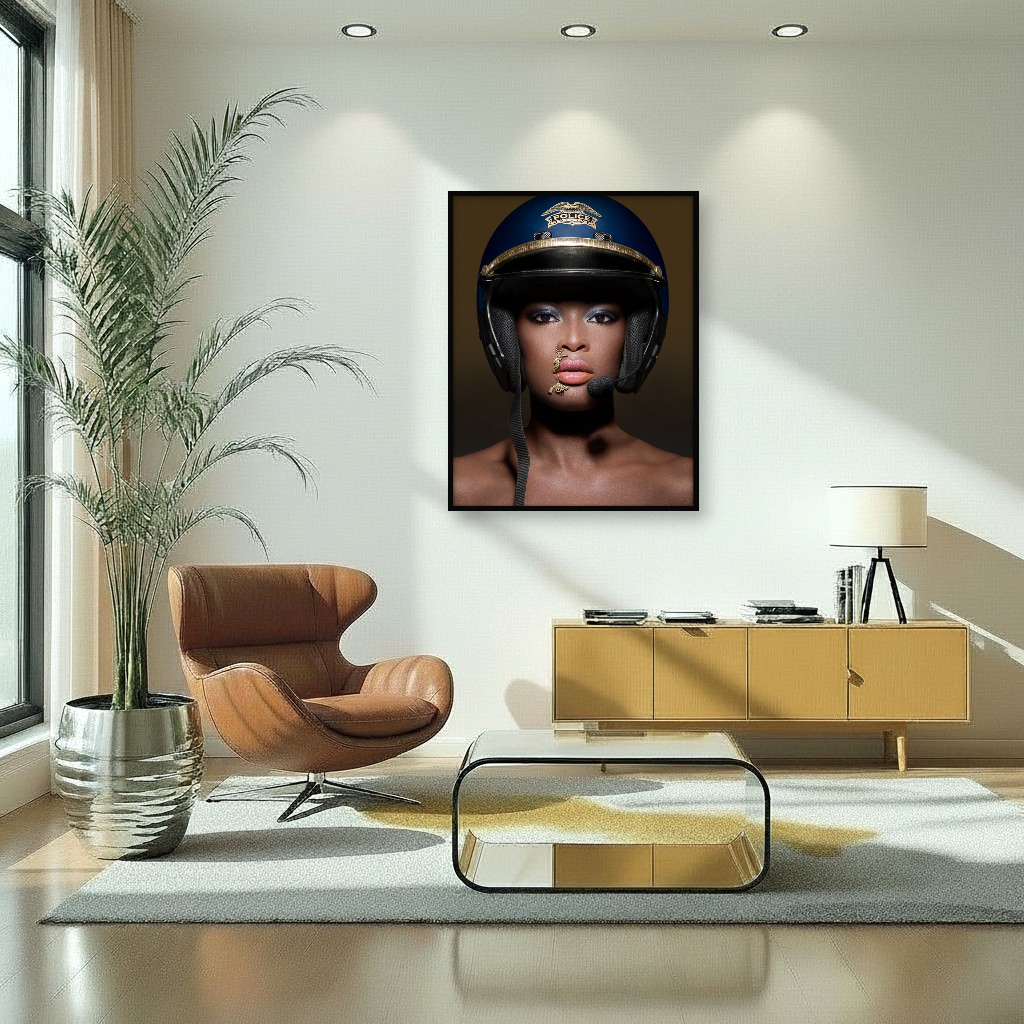 Black officer with gun piercings art in interior: a bold portrayal of authority, race and playful power with gun gems as a statement.