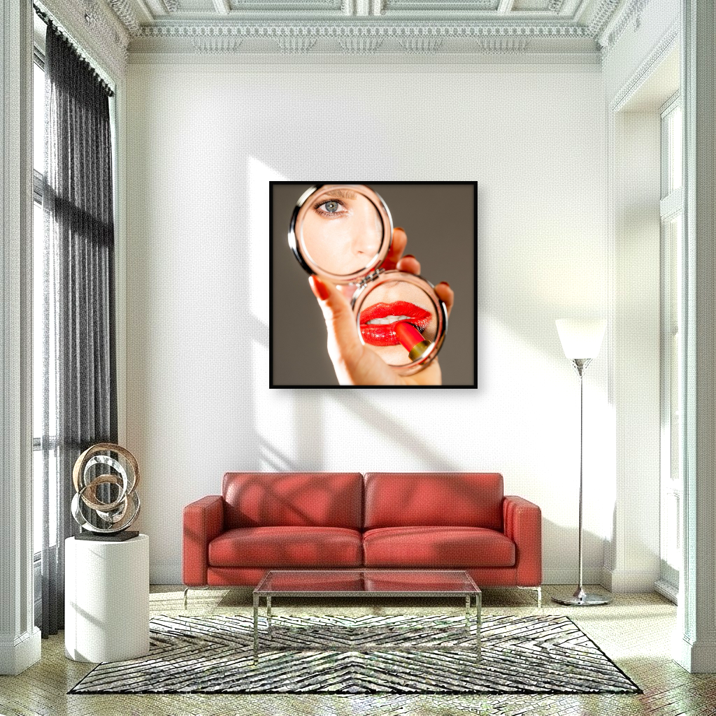 Elegant mirror reflection artwork of a woman’s hand with red nails and a silver mirror, displayed as a chic piece in an interior.