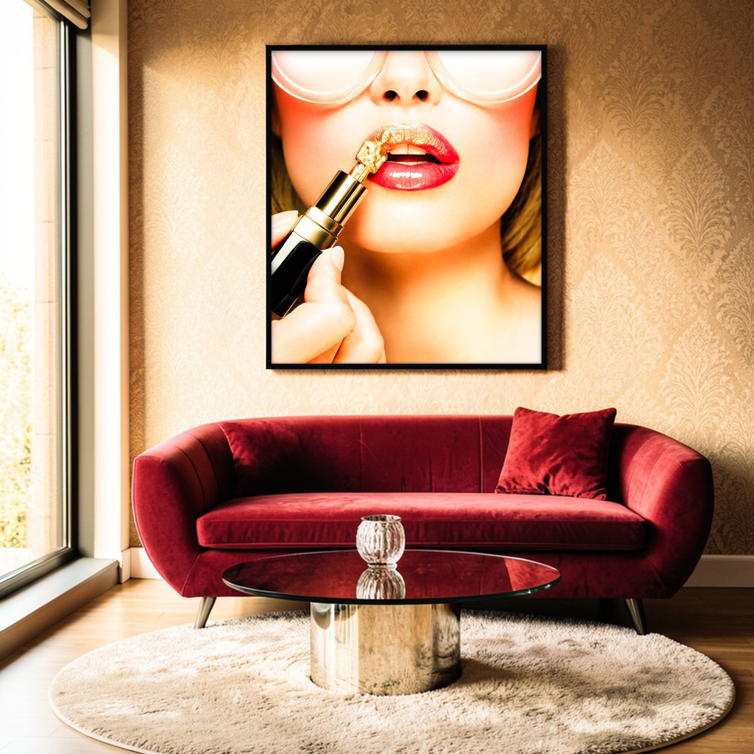 Oscar Lipstick Glamour Dream: Glamorous woman with gold Oscar-shaped lipstick, milky sunglasses, and over-the-top fashion elegance.
