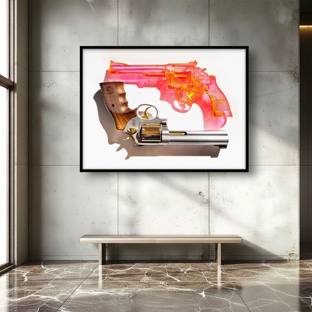 TOY AND TRIGGER: A pink translucent toy-like gun hovers above an upside-down Smith & Wesson Magnum revolver on a plain background.