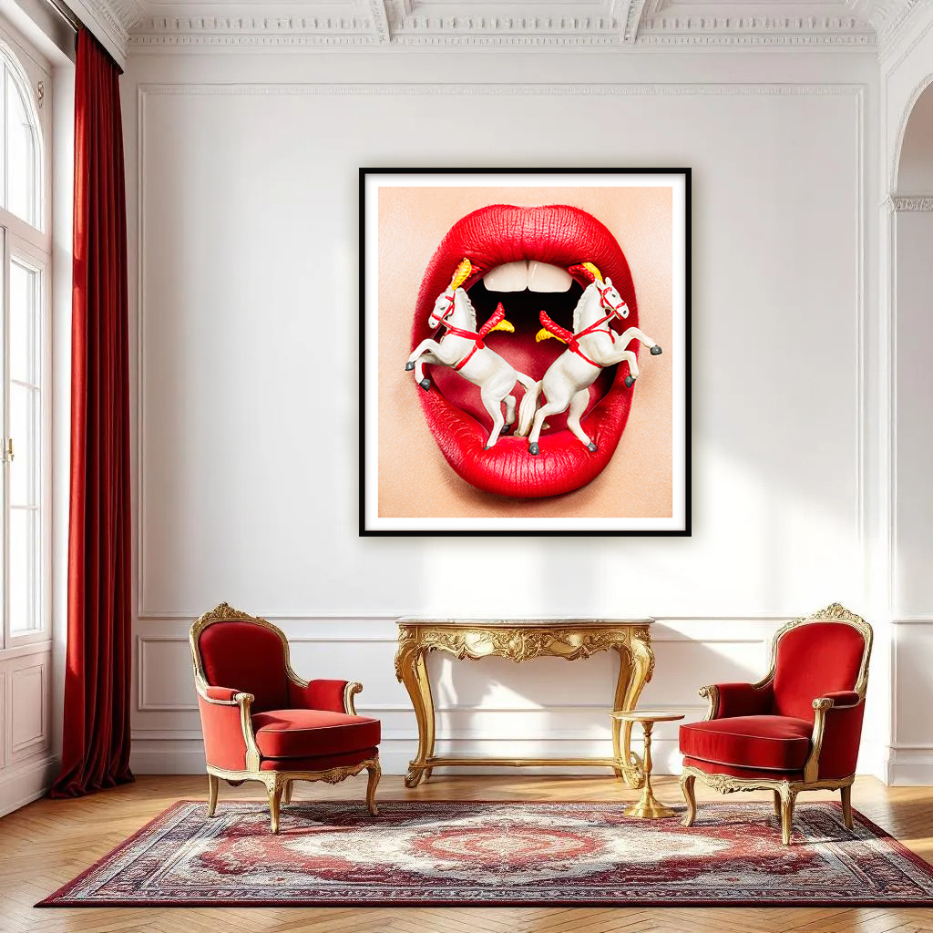 Interior with artwork of 2 miniature ornate white circus horses, prancing on full red lips of wide open woman's mouth with white teeth.
