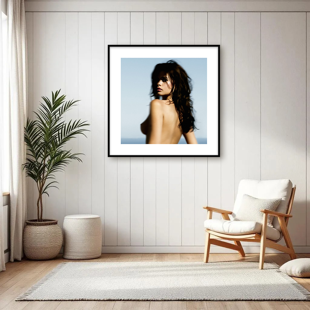 Mystical woman by the sea in artwork displayed in an interior, with a captivating gaze, soft shadows, serene beauty, and quiet allure.