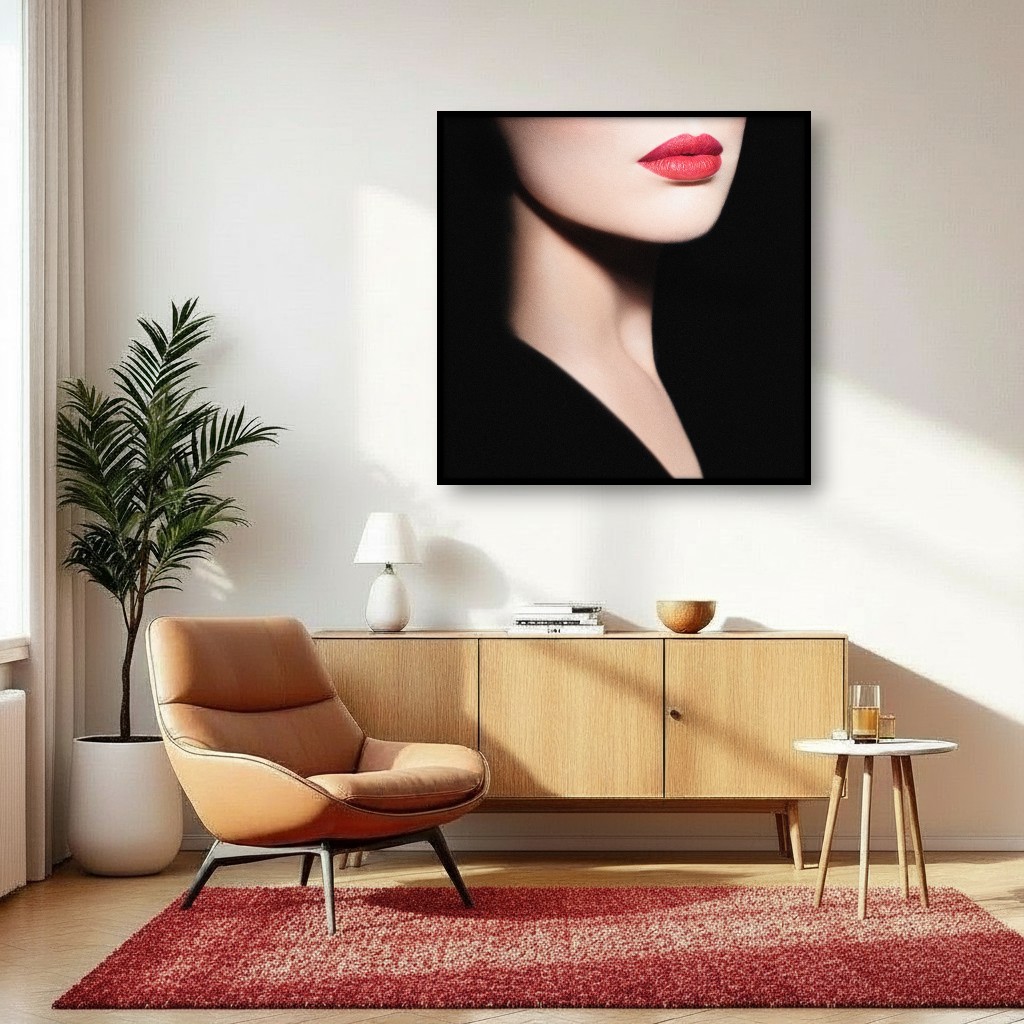 Interior with artwork of dark shadowy close-up of shoulders, neck, chin and striking red lips of woman in black in black background.