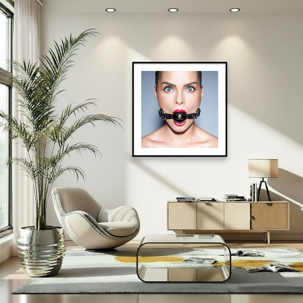 Design interior with framed photo artwork of wide-eyed looking woman with CC ball gag in mouth, fastened with black leather straps.