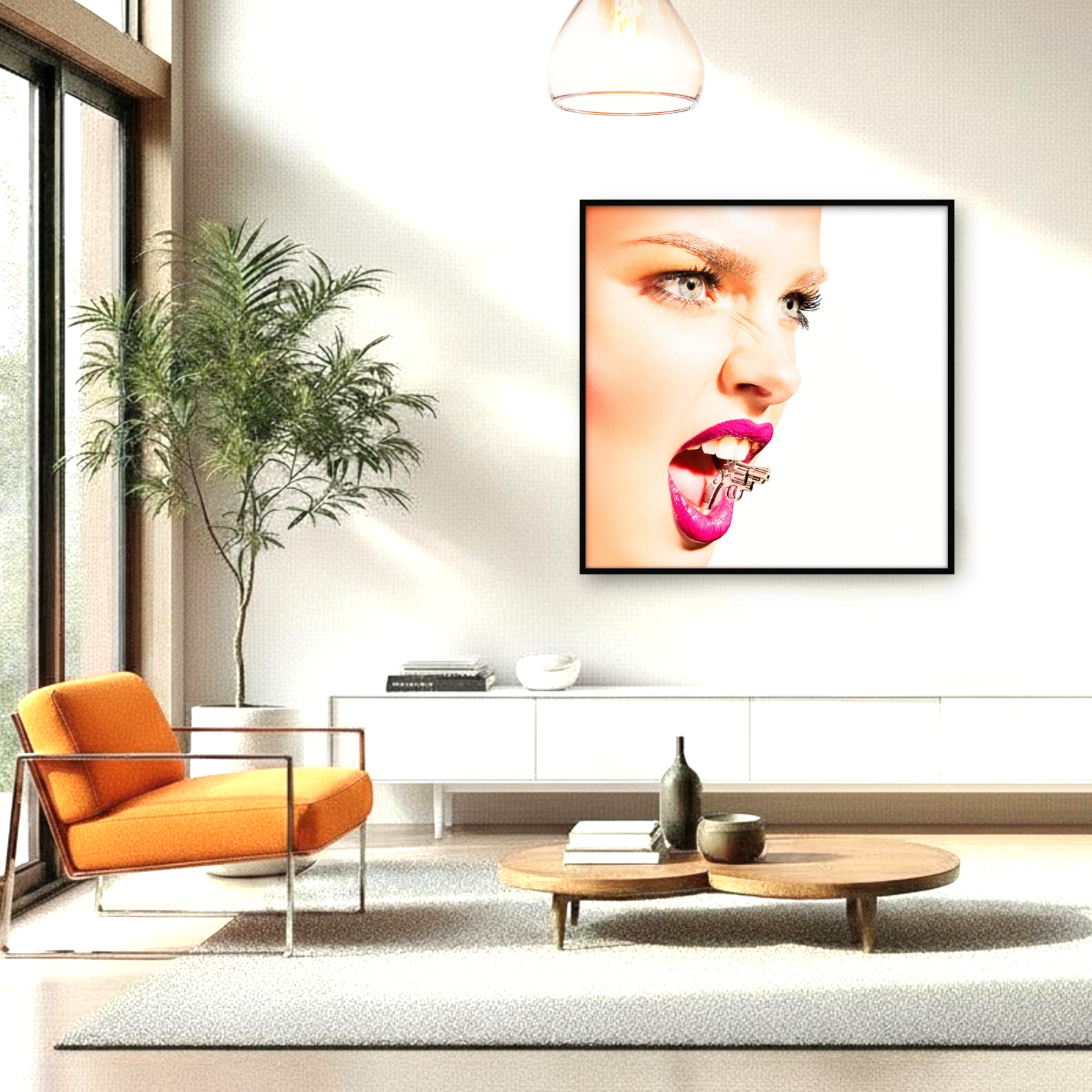 Modern interior with striking fashion portrait of young fierce woman with tiny revolver clenched in her mouth, exuding fierce elegance.