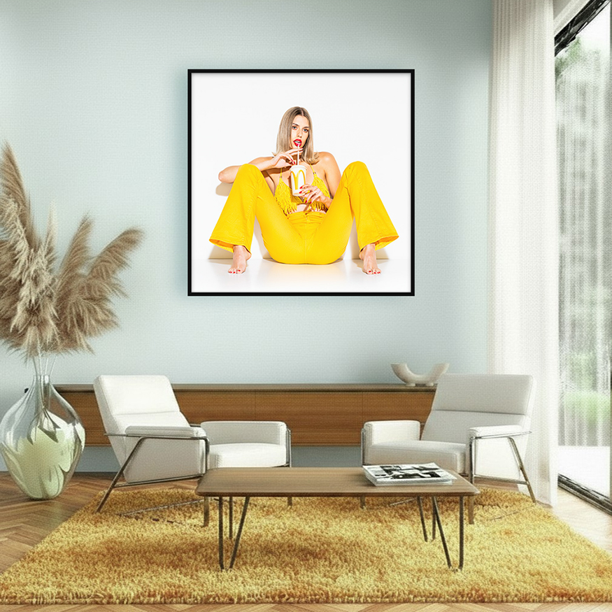 Girl in yellow pants forms McDonald’s arches while sipping McShake—edgy McDonalds pop art piece on fast food culture in interior.