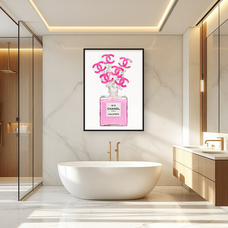 Interior with Chanel No 5 luxury lollipop art with pink bottle and CC lollipops, symbolizing elegance and fashion addiction.