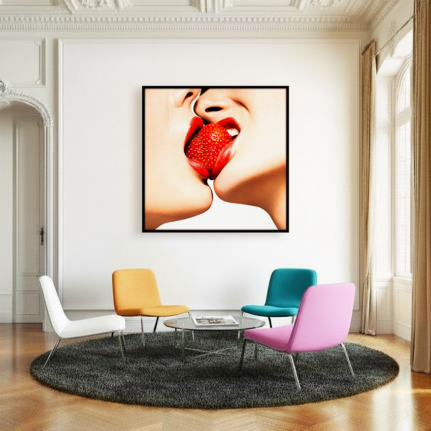 Red Kiss strawberry close-up, showcasing sensuality and passion as two women share a strawberry, symbolizing intimacy and desire.