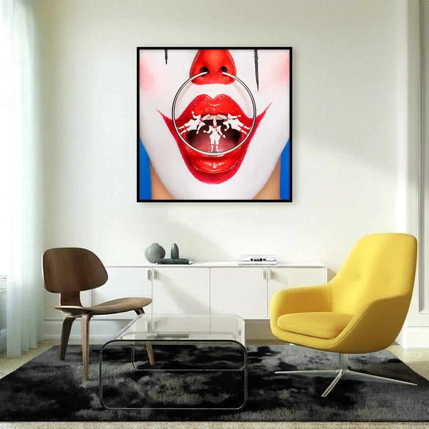 Interior with art of surreal clown with Pierrots nose ring, balancing and performing, rivalry and line between humor and danger.