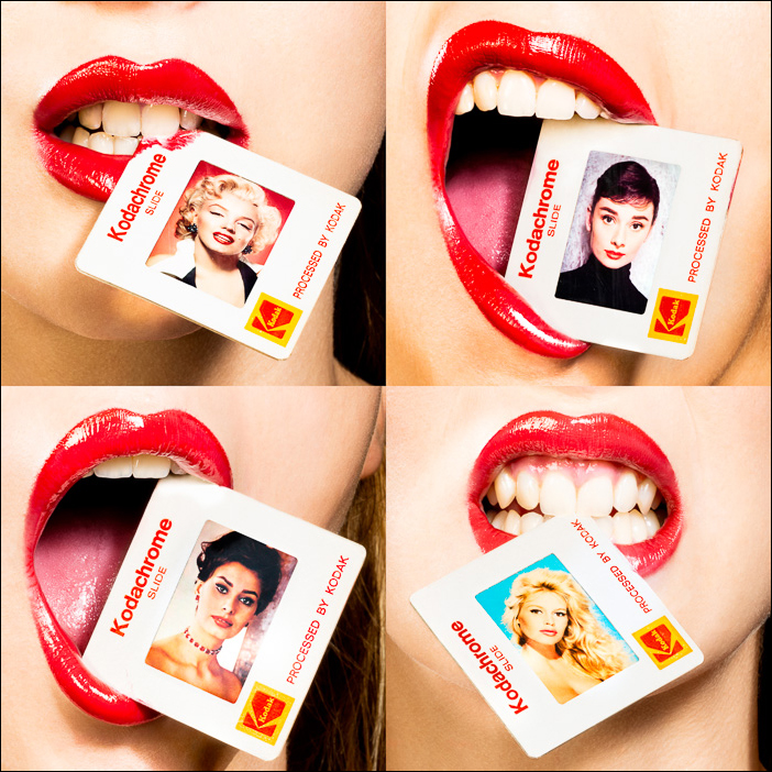 Kodachrome Iconic Movie Stars: Girls holding classic movie star slides, glossy lips, vintage glamour and timeless cinematic history.