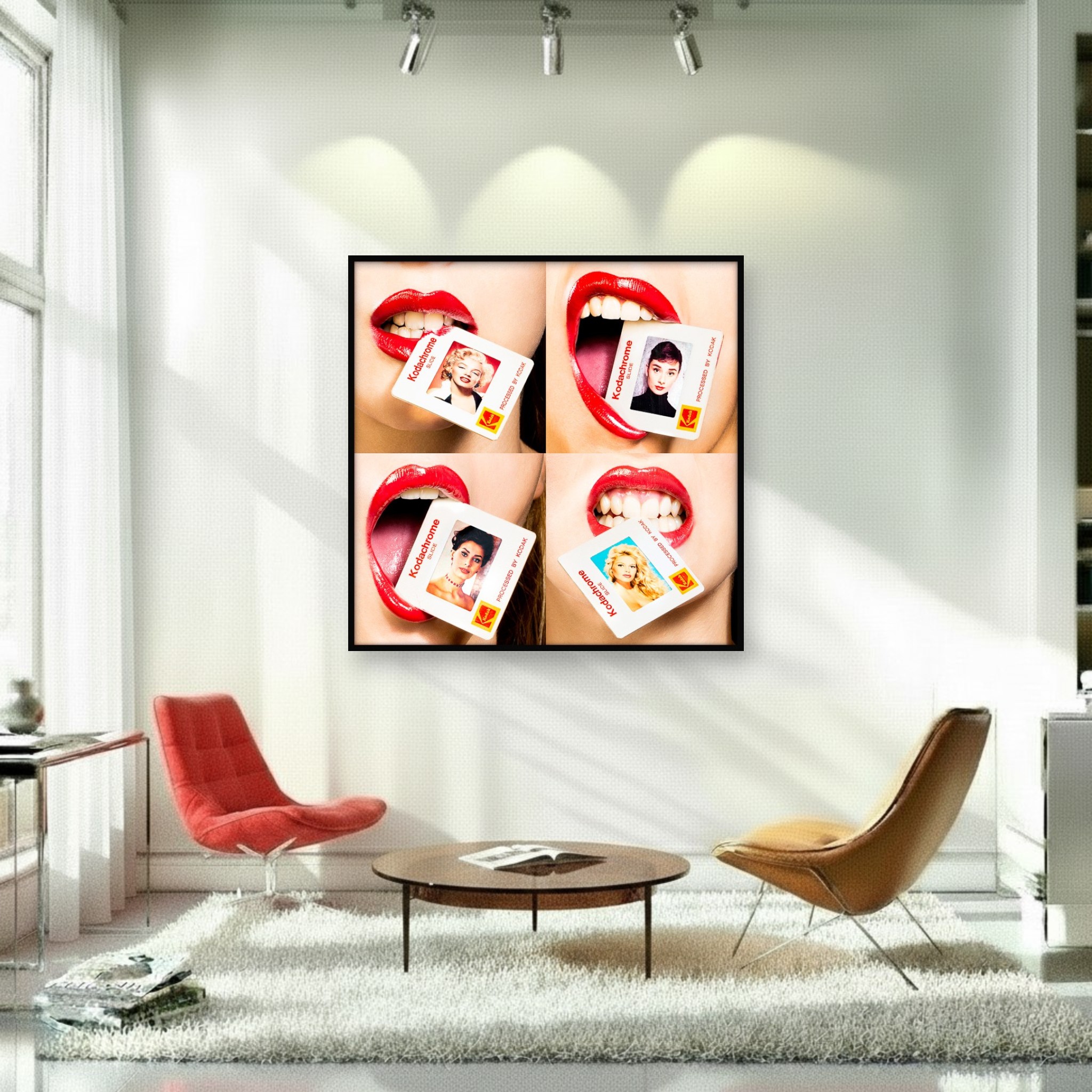 Artwork in interior of girls holding classic movie star Kodachrome slides, glossy lips, vintage glamour and timeless cinematic history.