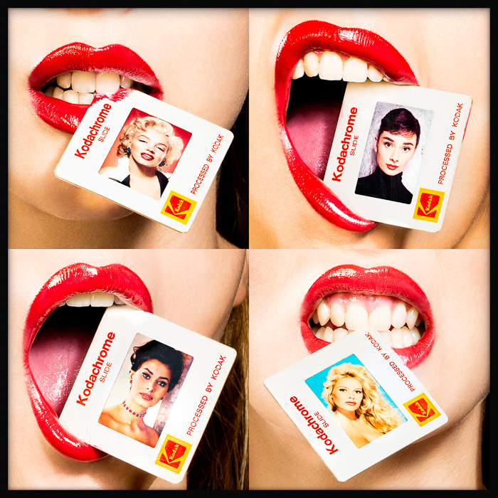 Kodachrome Iconic Movie Stars: Girls holding classic movie star slides, glossy lips, vintage glamour and timeless cinematic history.