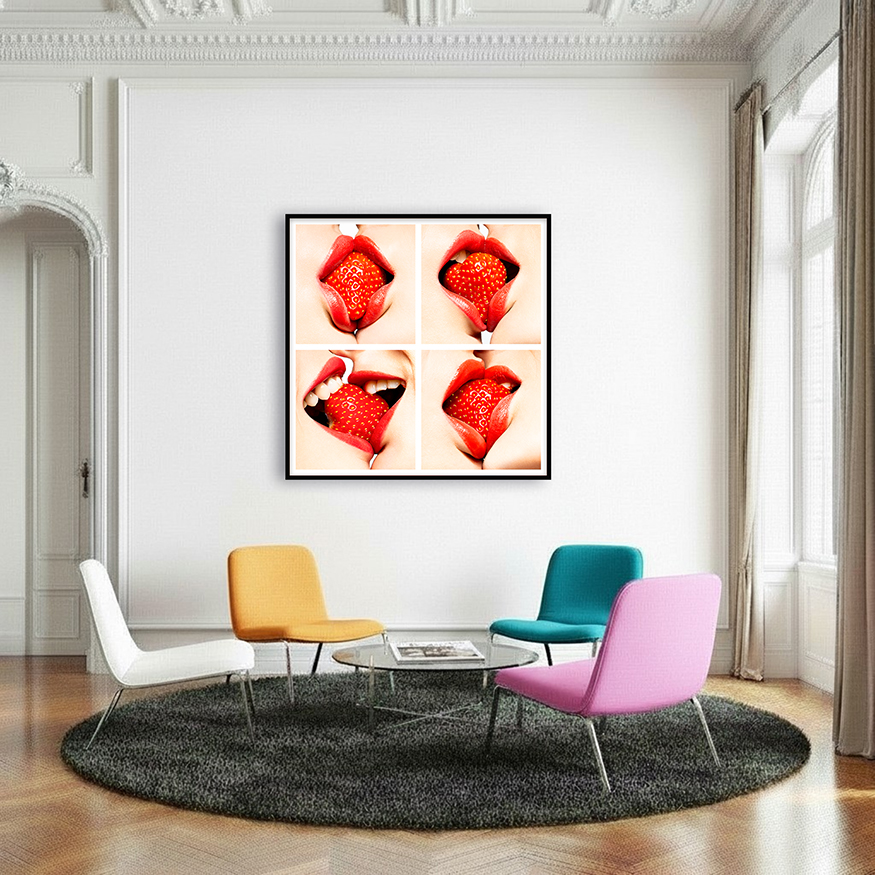 Art of two women sharing a strawberry with spassion, symbolizing desire in Red Kiss strawberry close-up compilation in interior.