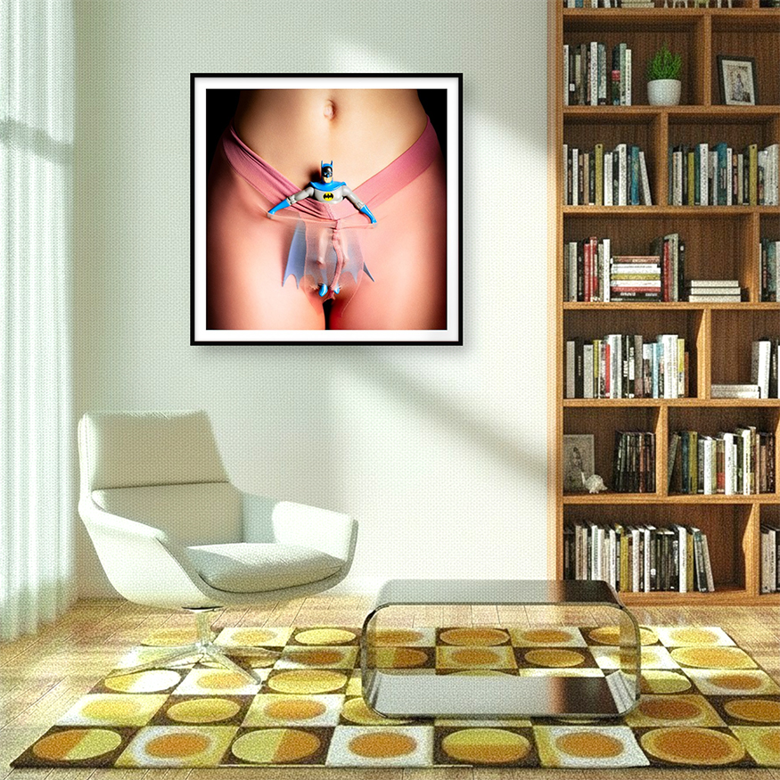 Art in interior of Batman trapped in pantyhose redefining power, and gender roles in a visual twist on strength and control.