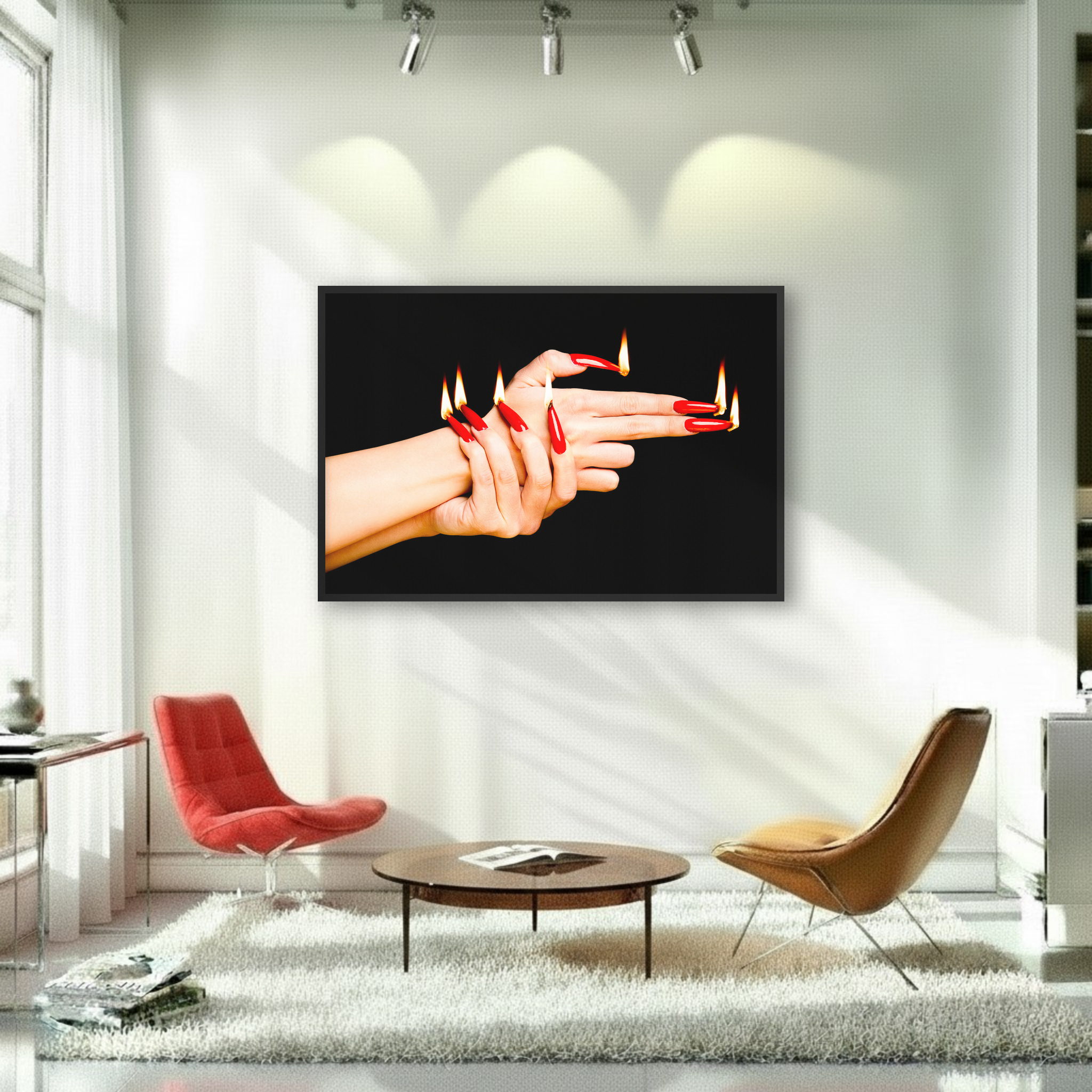 Room with fiery Red Nails in Gun Gesture art with long, glowing nails, creating a bold and surreal impression in a dark background.