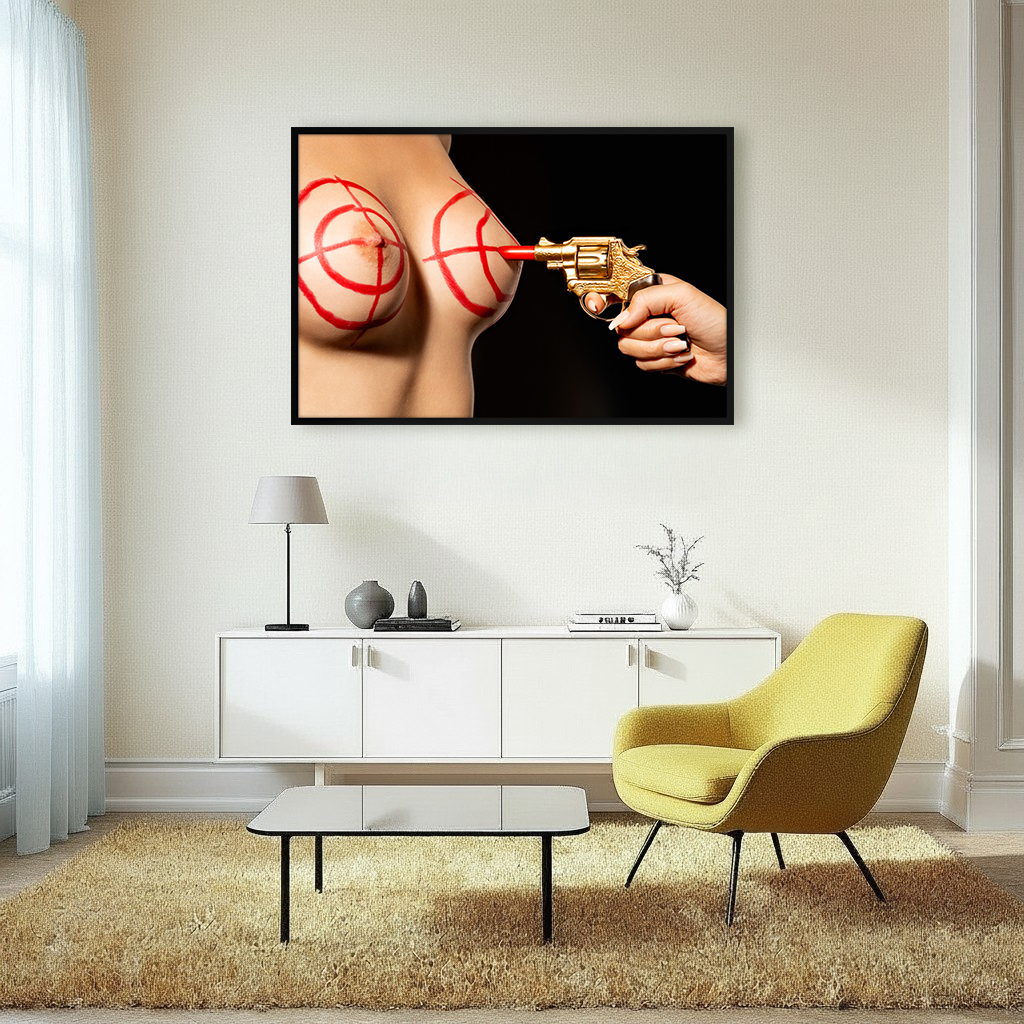 Room with art of bold women with a lipstick gun in surreal art, symbolizing strength, humor, and empowerment in a provocative power play.