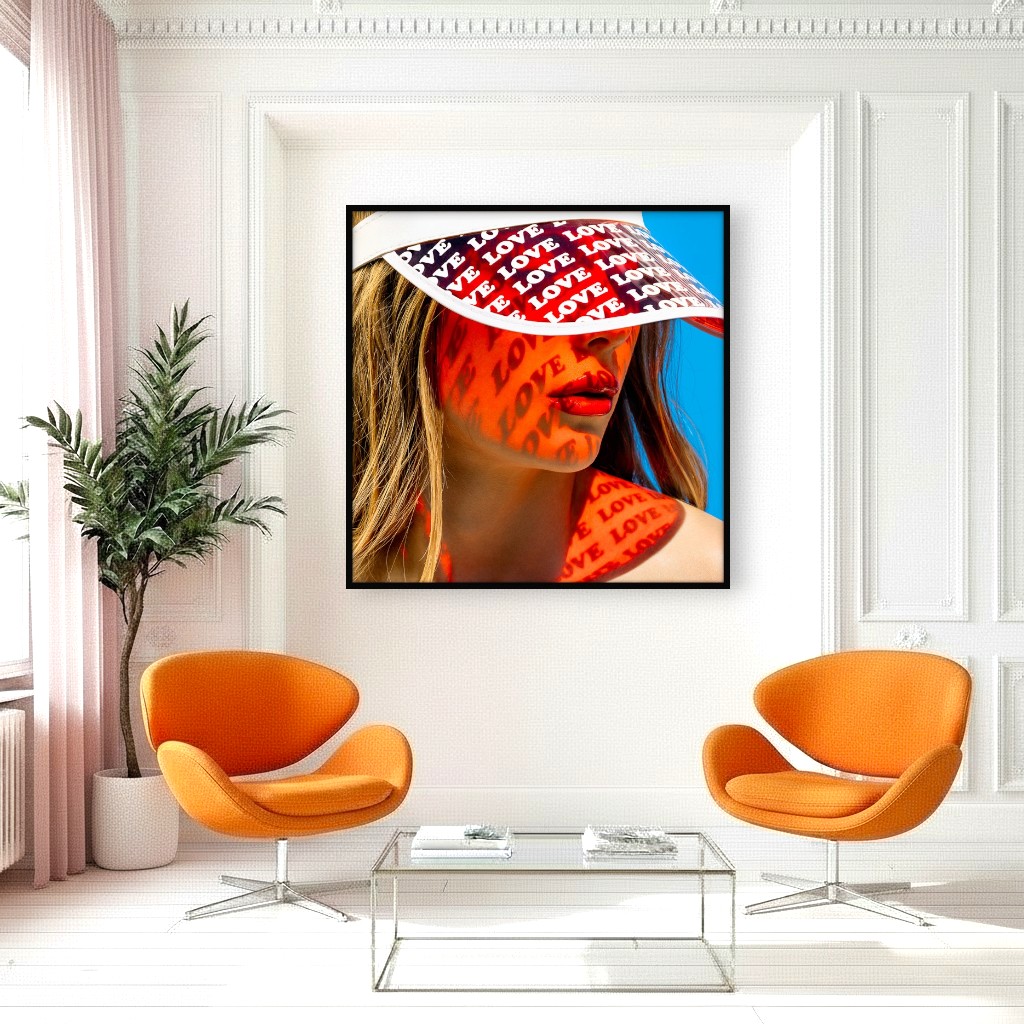Room with art of red love projection on skin, radiant sunlight casting the word love on a woman's face, creating summer vibes.